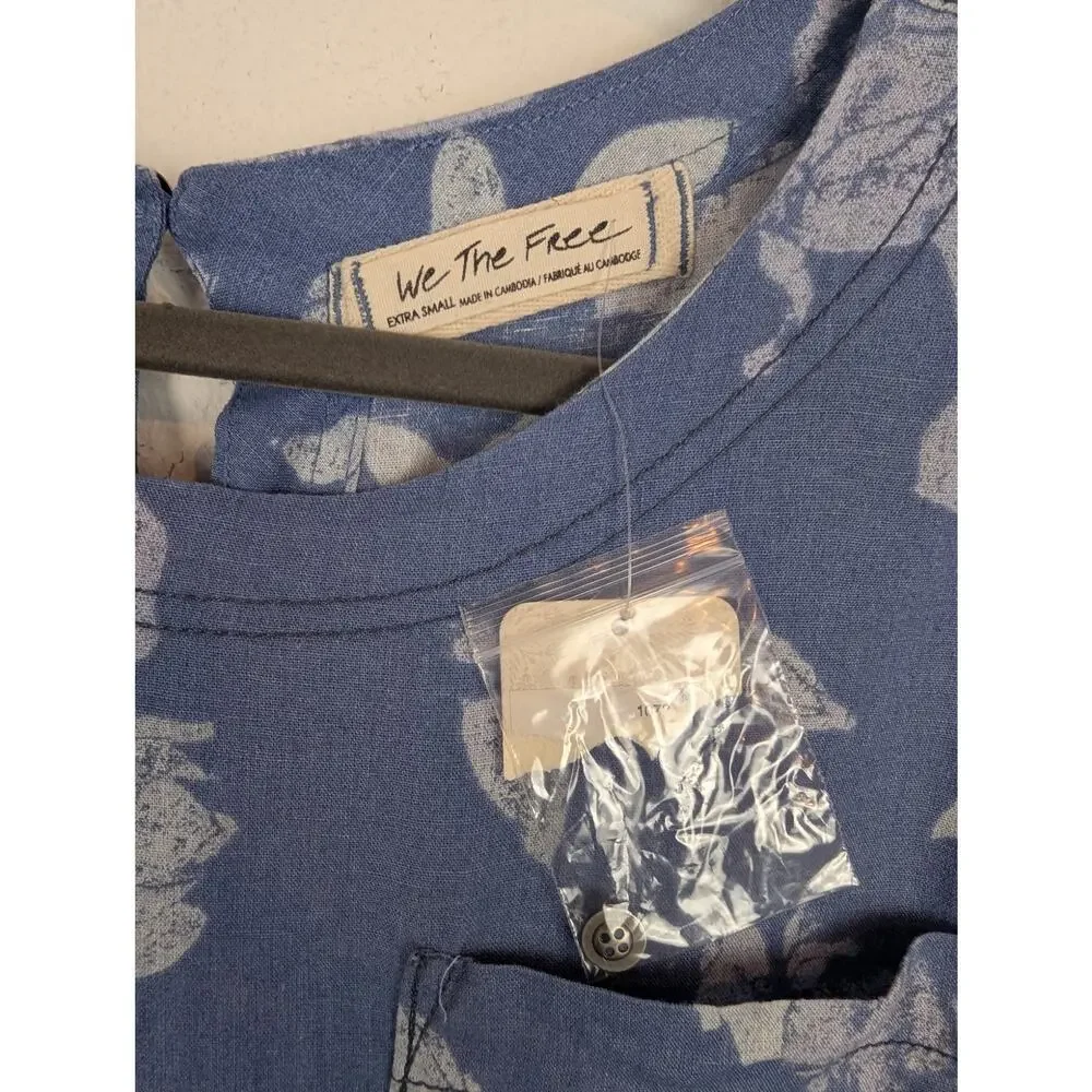 Free People Top Moon City Printed Tee Floral Boho Babydoll Linen Blue Size XS